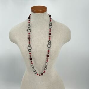 Premier designs grey and red beaded long statement necklace
